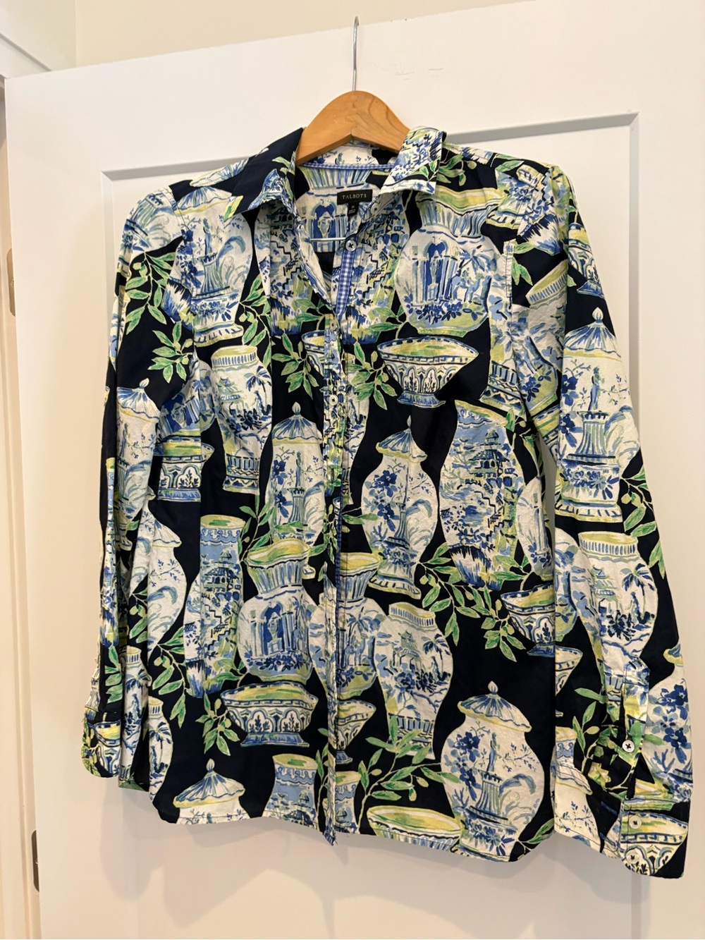 Talbots Navy, White & Green Porcelain Vase Print Button-Down Shirt